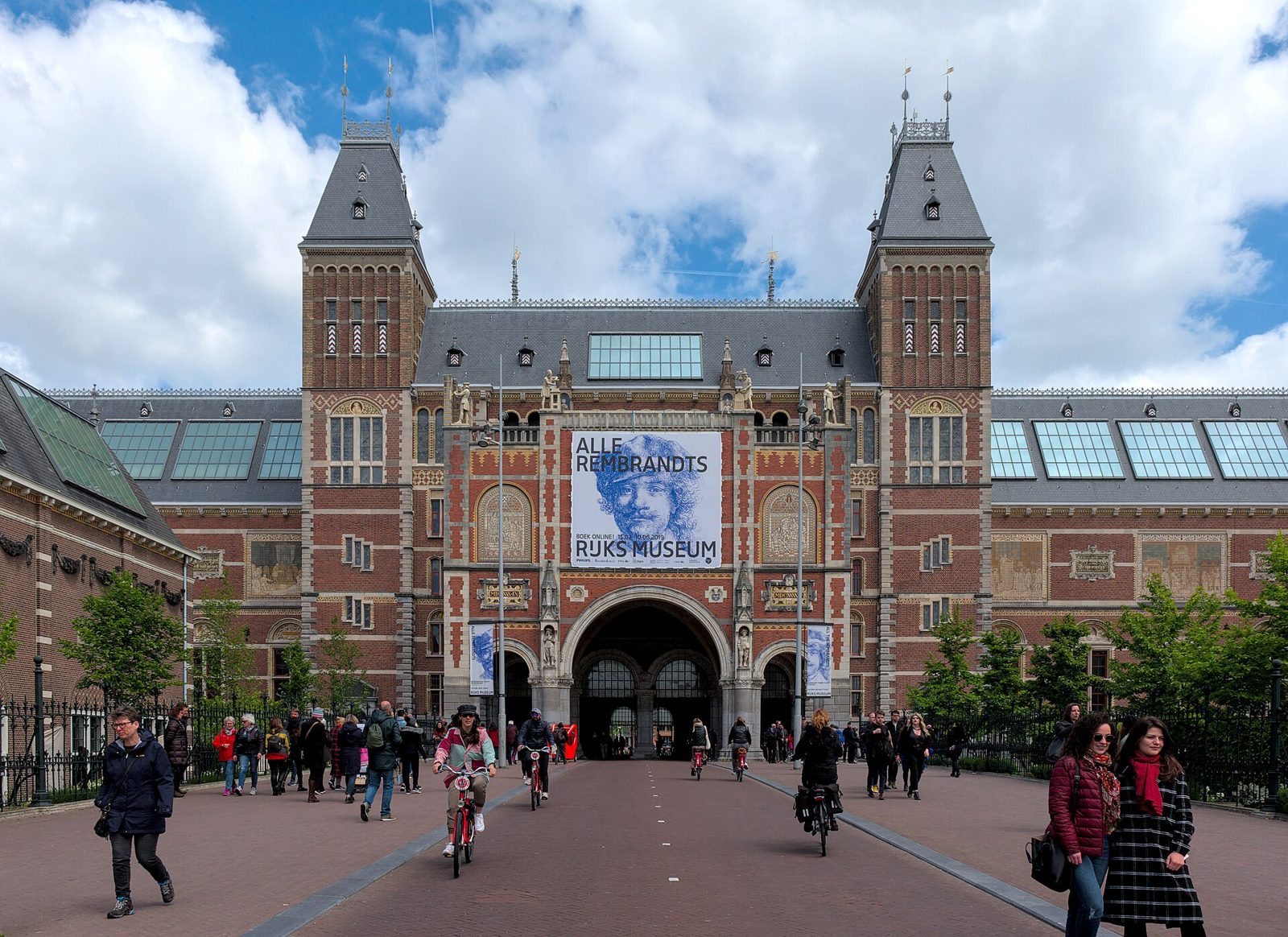 Rijksmuseum facade and the free cycle passage through the building in Amsterdam